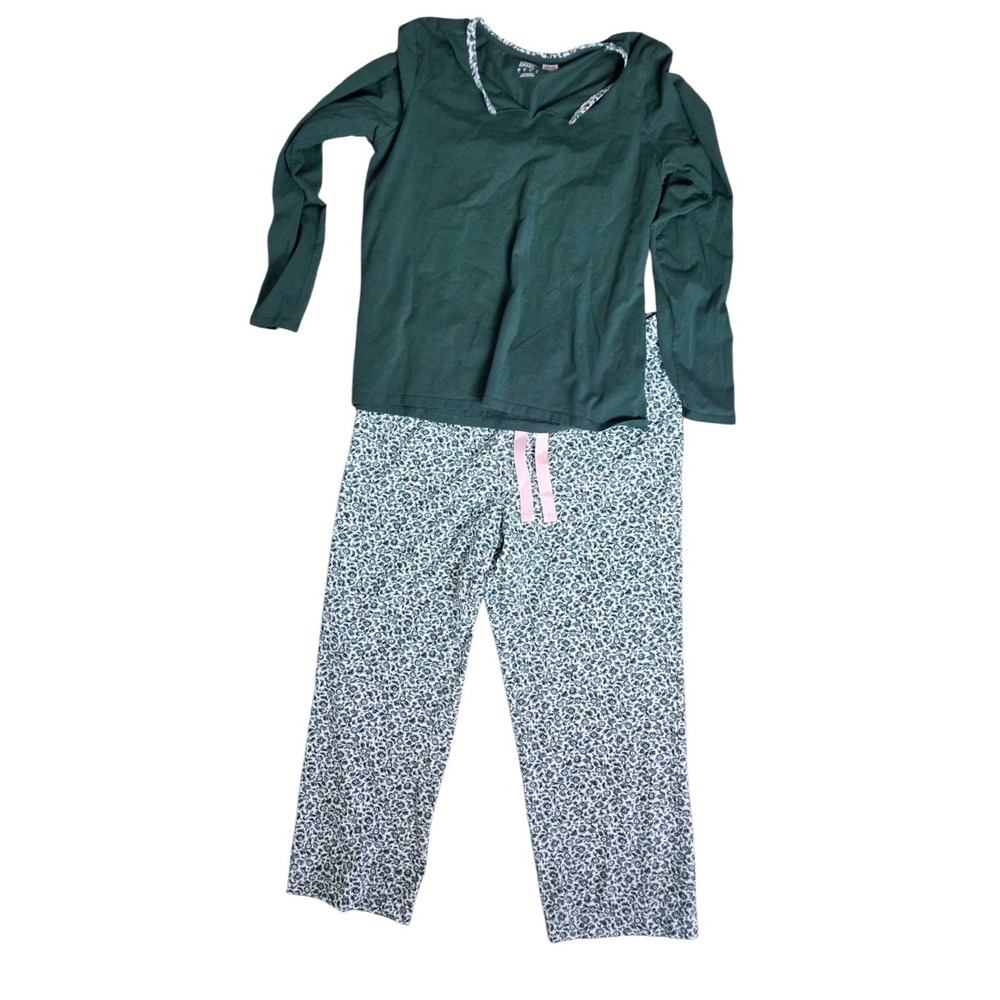 Lands End Womens Large 2pc Pajama Long Sleeve Pajama Pant Set Green Floral